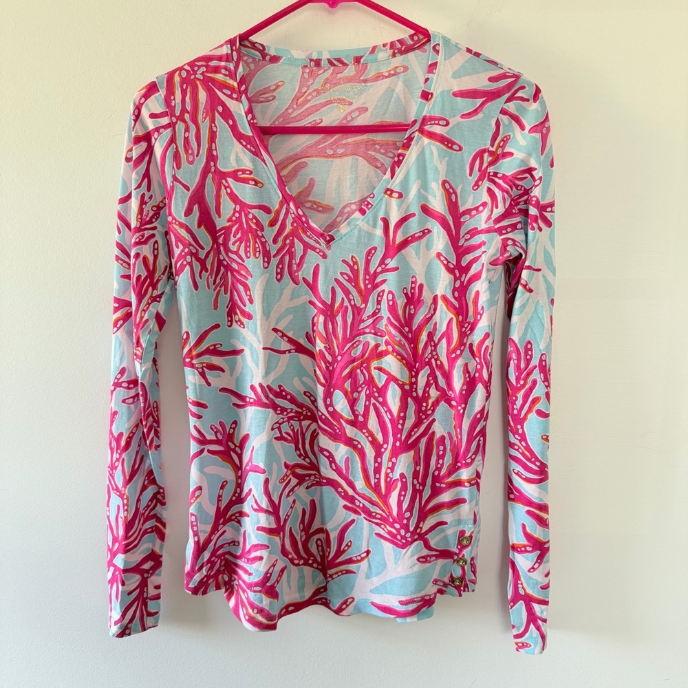 Lilly Pulitzer Breakwater Blue Underwater Escape Pink Coral Nellie V Neck Top XS